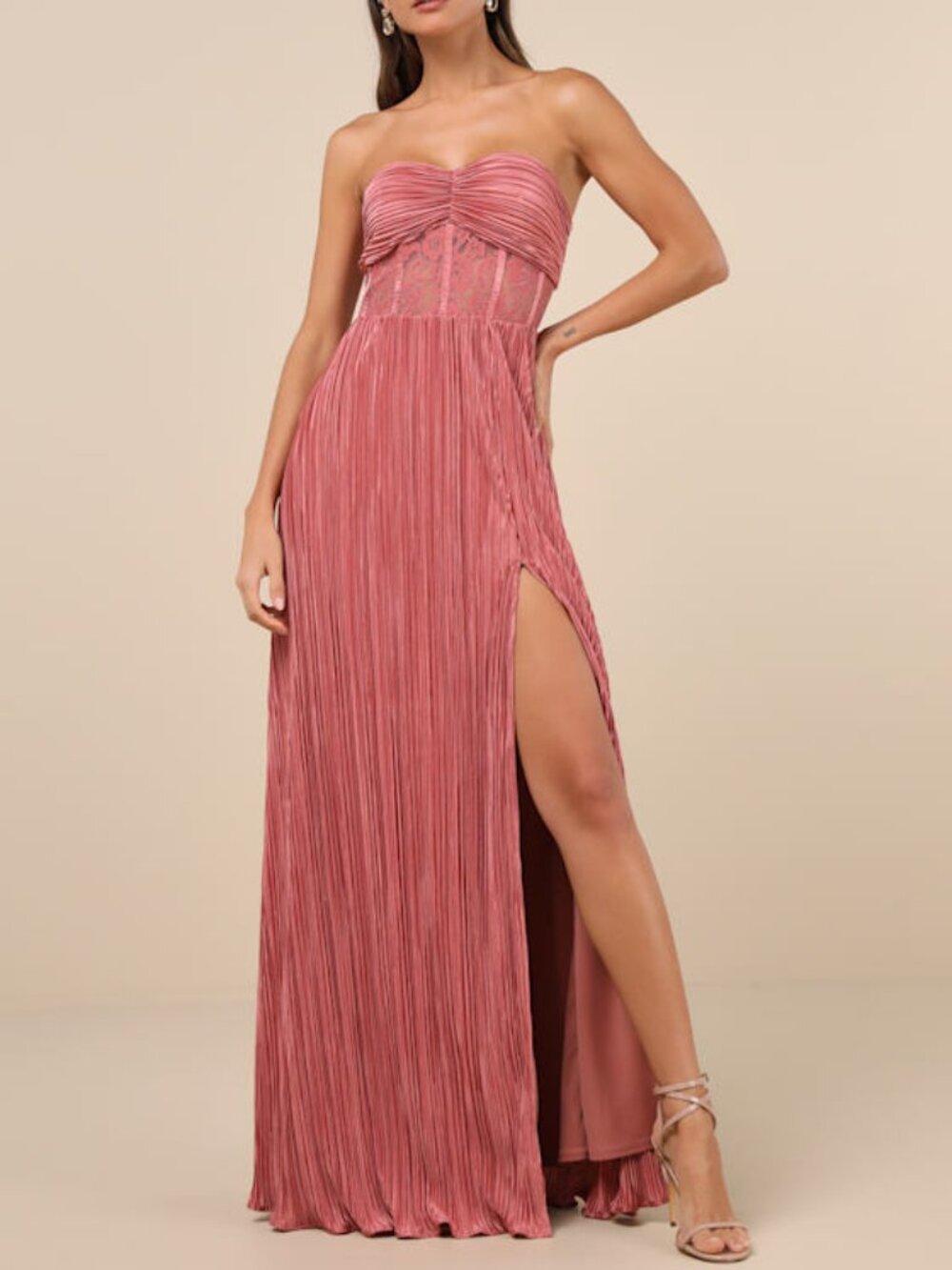 Lulus Desme Rose Pink Satin Plisse Strapless Maxi Dress - Size M